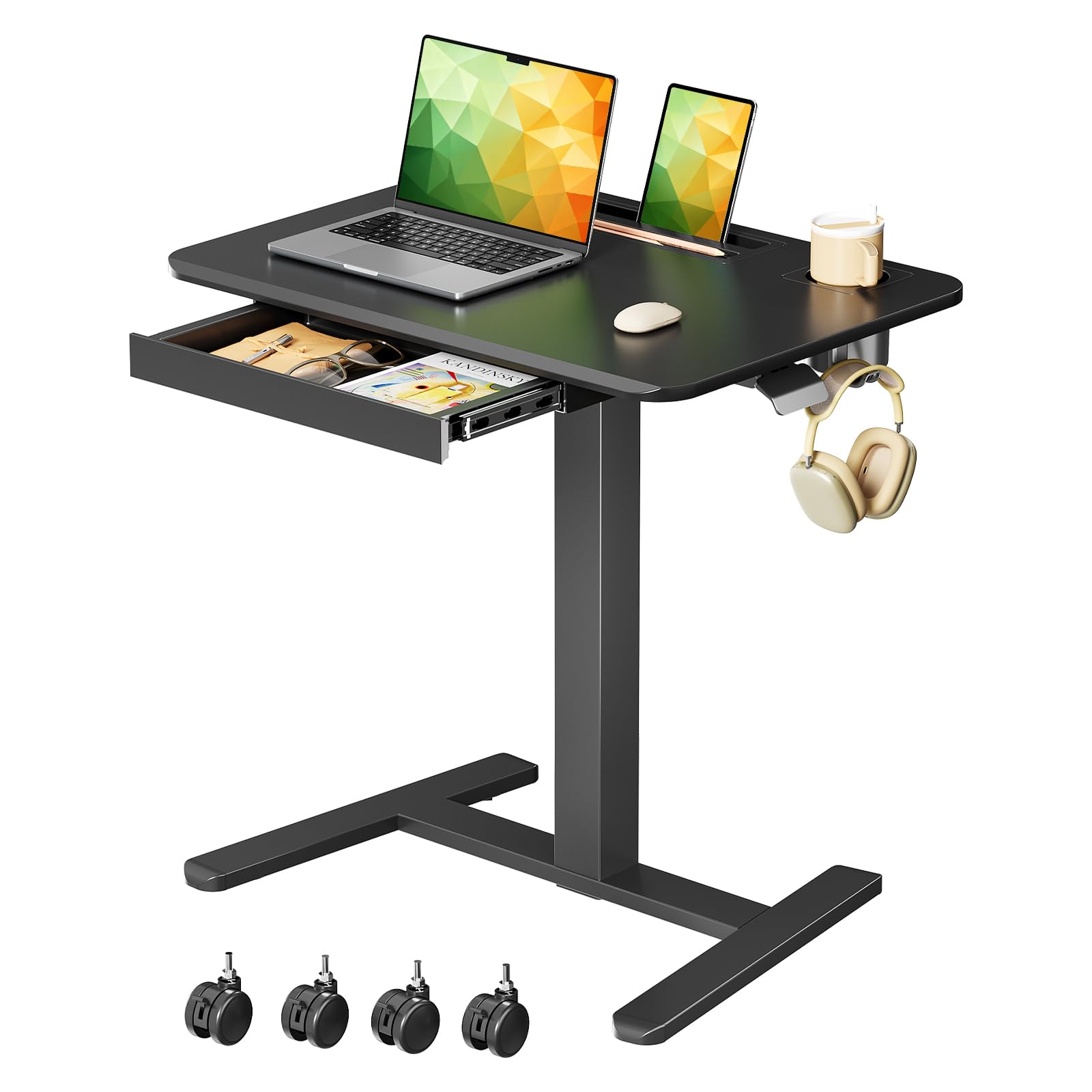 Gibbon Mounts Mobiler Stehschreibtisch mit Rollen, höhenverstellbar, Schublade, Schlitz, Getränkehalter & Haken, Weiß