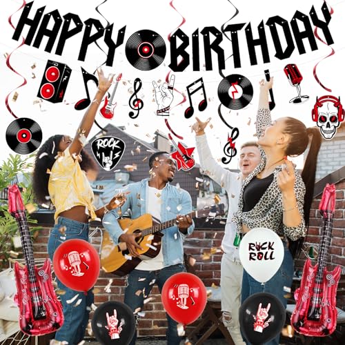 Image of Crenics Rock and Roll Birthday Party Decorations with Happy Birthday Banner | Hanging Swirls, Cake Toppers and Balloons for Music Rock & Roll Party Supplies
