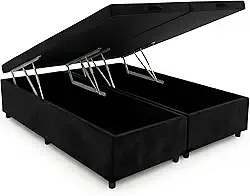 Cama Box Baú Queen Bipartido 79, Blindado, Pistão á Gás, Pés de Madeira (Suede, Preto)