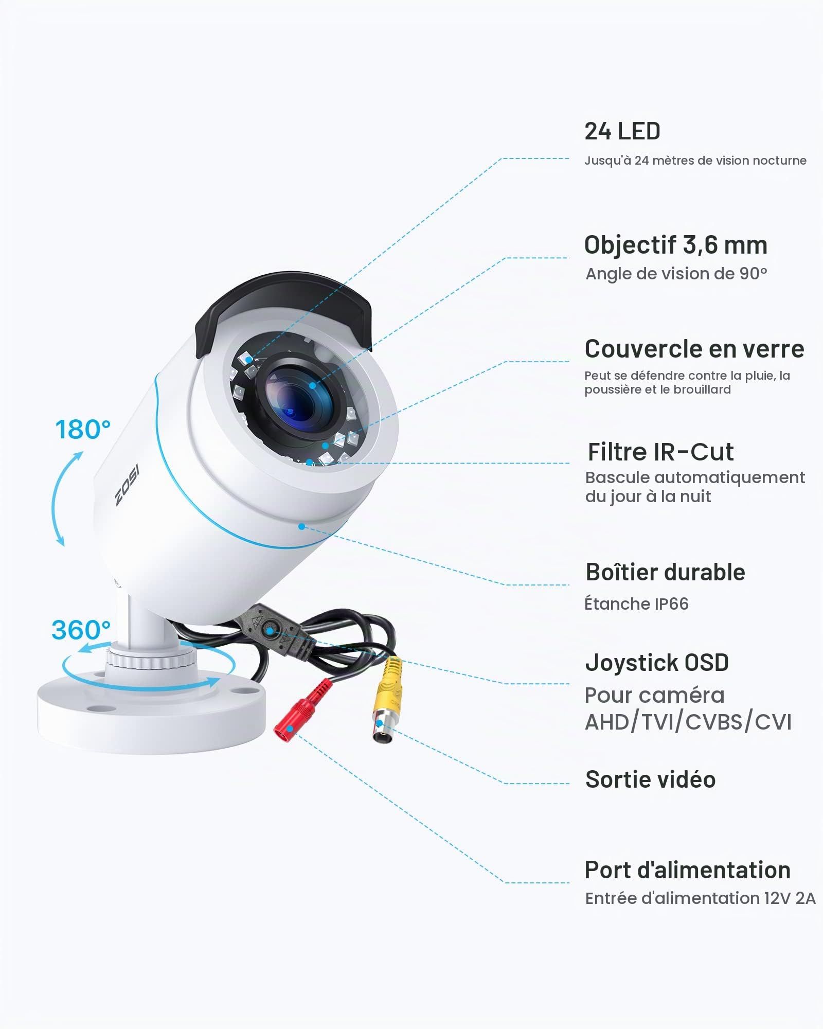 ZOSI Pack 4 Caméra Surveillance Filaire Extérieure 1080P HD-TVI