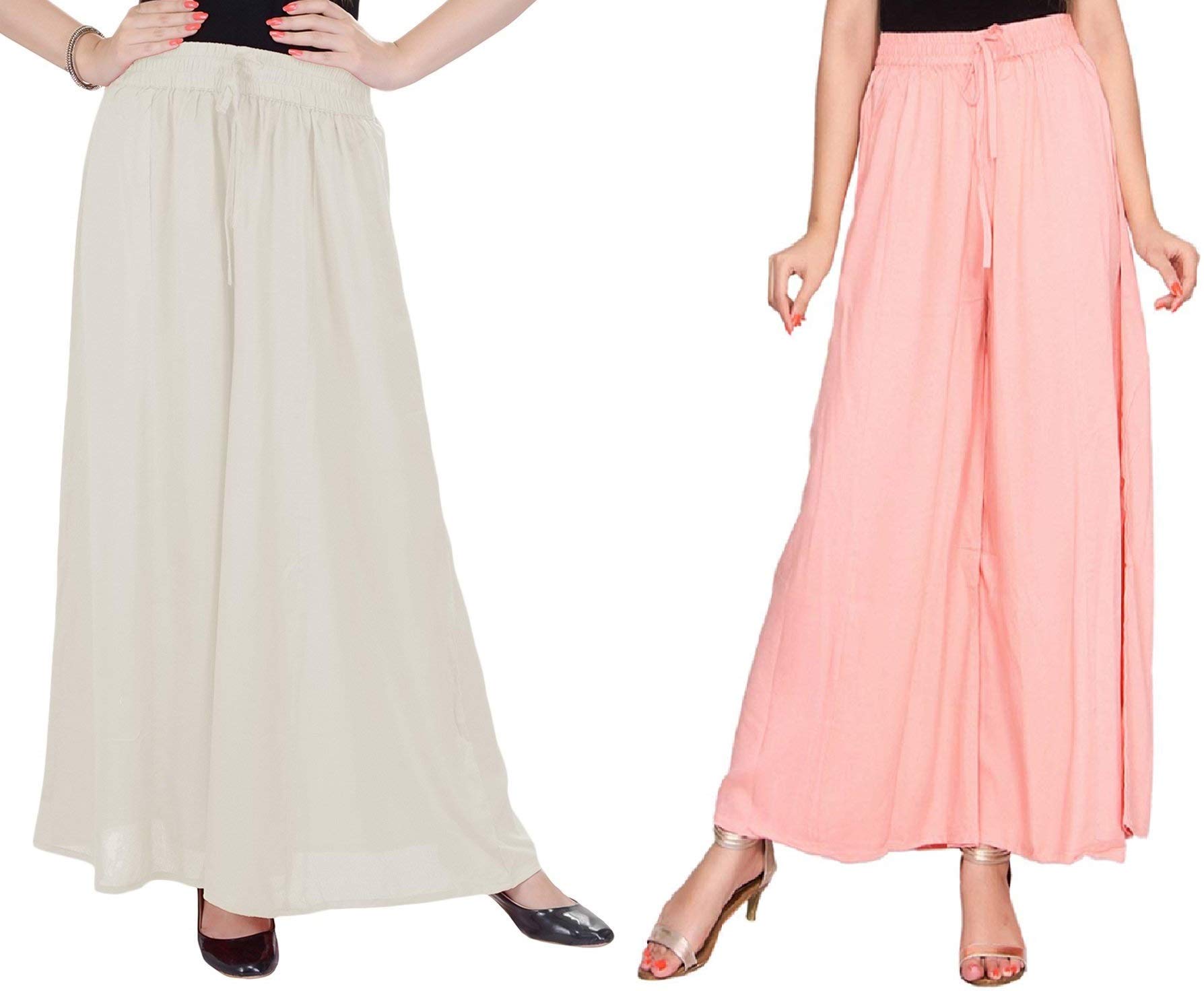 srisaras Women's Stretch Fit Cotton Palazzo (SriSaras-COMBO PALAZZO_35_Off White & Peach_Free Size)-picture-17