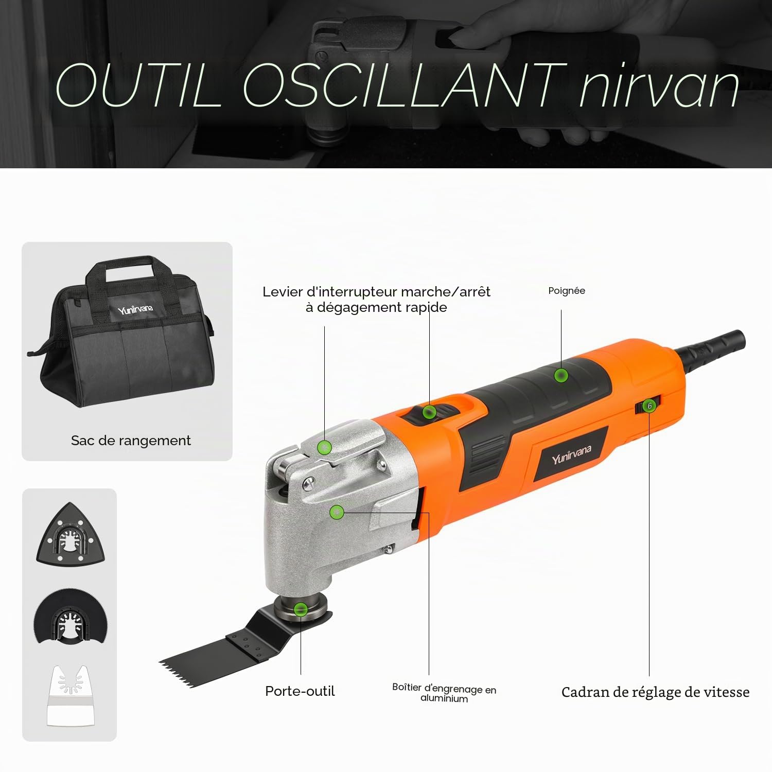 Yunirvana Outil Multifonction Oscillant 300W, 6 Vitesses Variables,15 000-22 000 tr/min, Angle d'Oscillation 3°, Multi-Outil pour Découpe, Ponçage, Grattoir