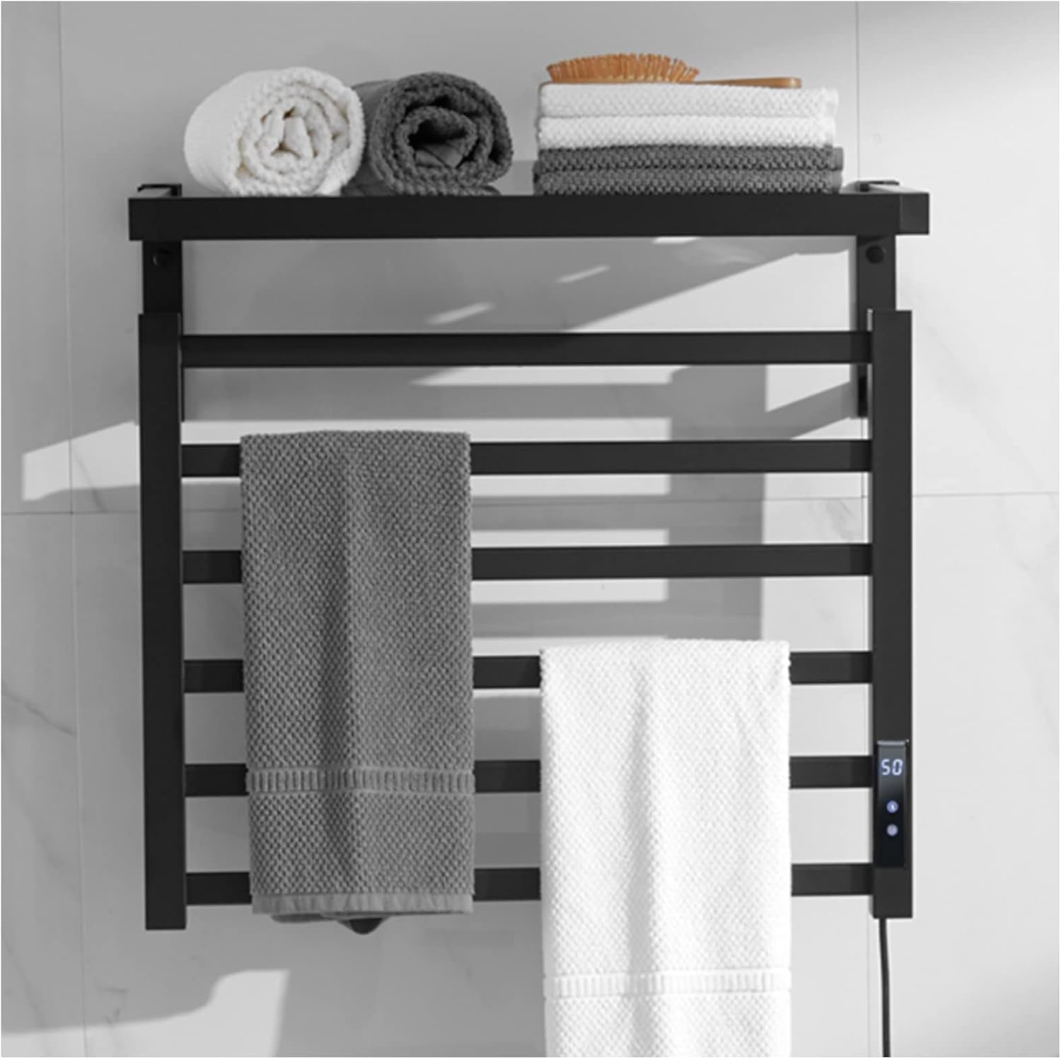 Wall Mounted Towel Warmer with Top Shelf,Multifunction Drying Rack Electric Heated Towel Warmer 6-bar 55w Plug in Towel Heater Rail (White Left)