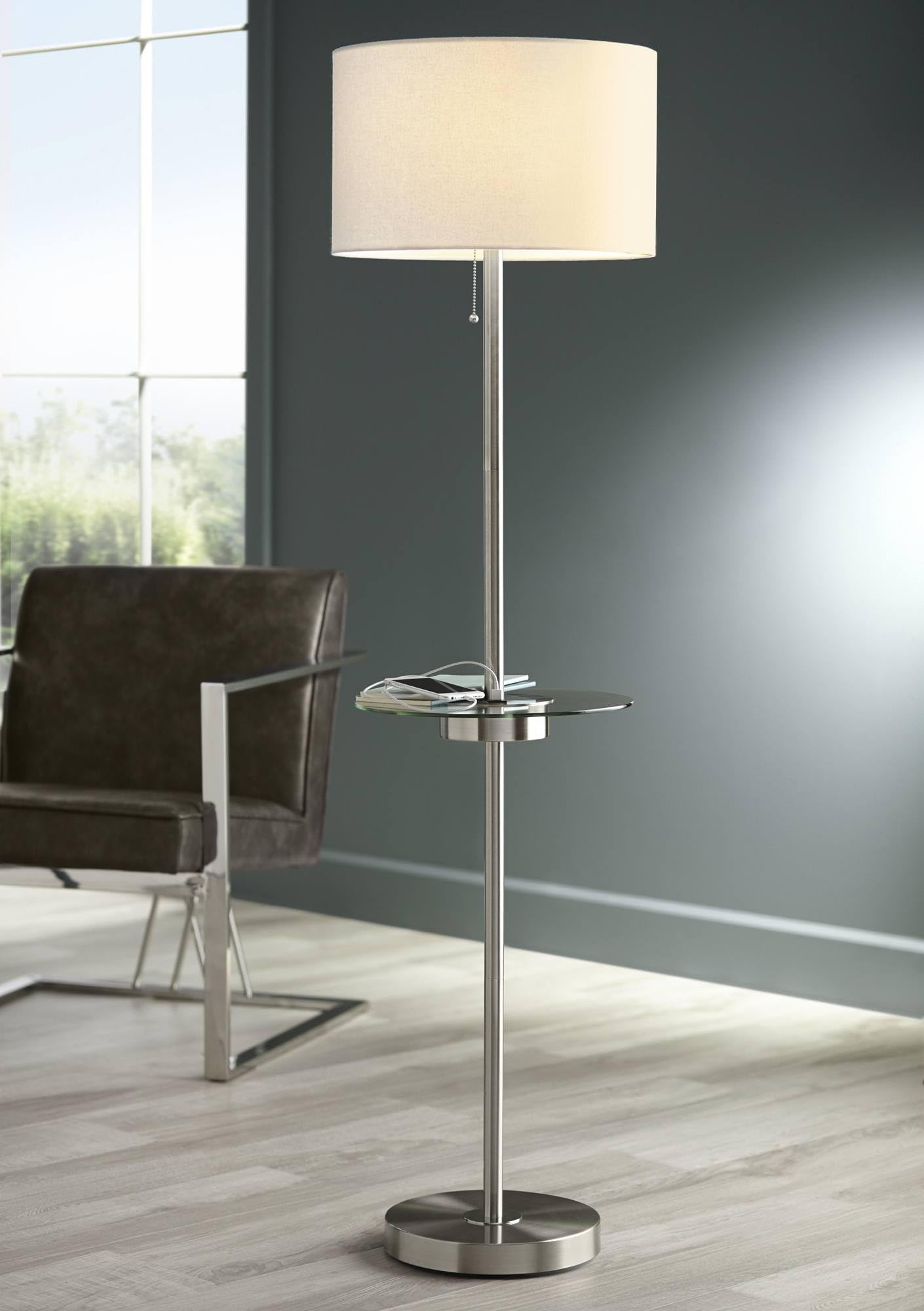 360 Lighting Caper Modern Floor Lamp with Tray USB and AC Power Outlet on Table Glass 60.5" Tall Satin Nickel White Fabric Drum Shade for Living Room Reading House Bedroom