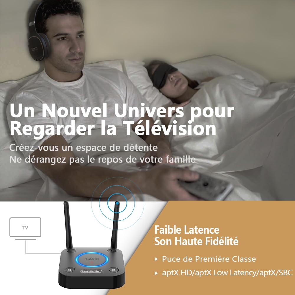 1Mii B06TX Émetteur Audio Bluetooth 5.3 pour TV, Transmetteur Adaptateur Bluetooth pour 2 Casques, aptX Faible Latence et HD, Longue Portée, Contrôle du Volume, AUX RCA Optique Coaxiale [Upgraded]