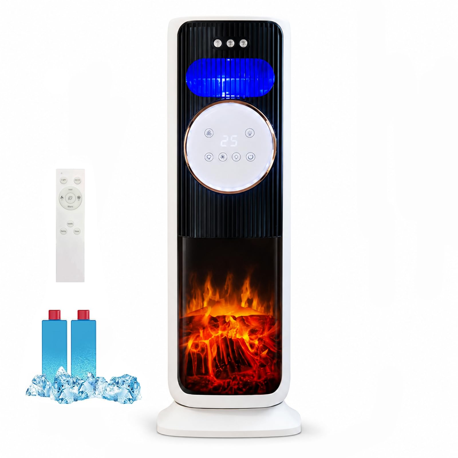 Climatizador Evaporativo con 5 Modos de Frío y Calor, Enfriador de Aire con Efecto Llama y Oscilación de 180°, Aire Acondicionado Portátil para Hogar Oficina Salón Dormitorio (Negro)