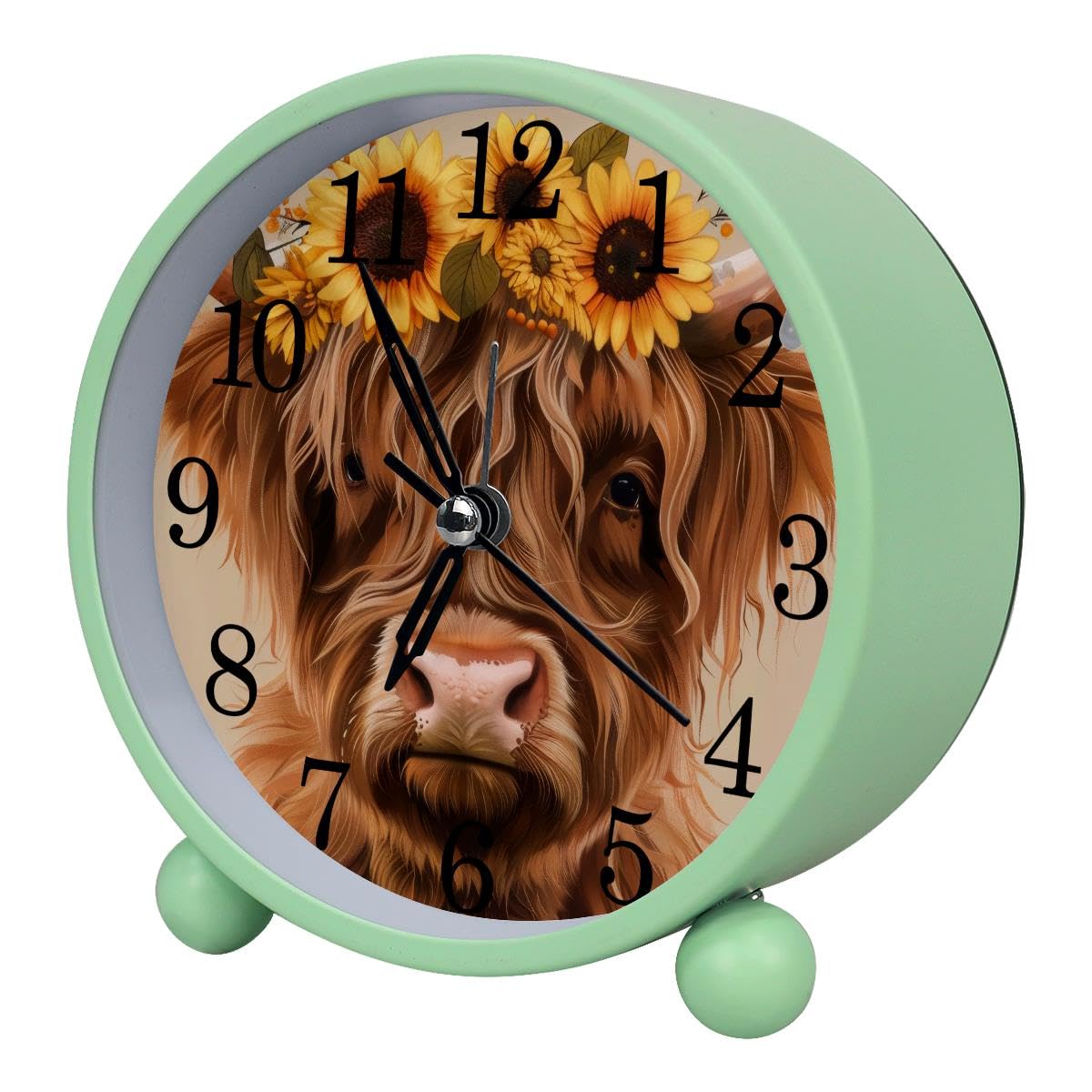 Luoweisi Alarm Clock Highland Cow with Sunflowers, Silent Non-Ticking with Night Light