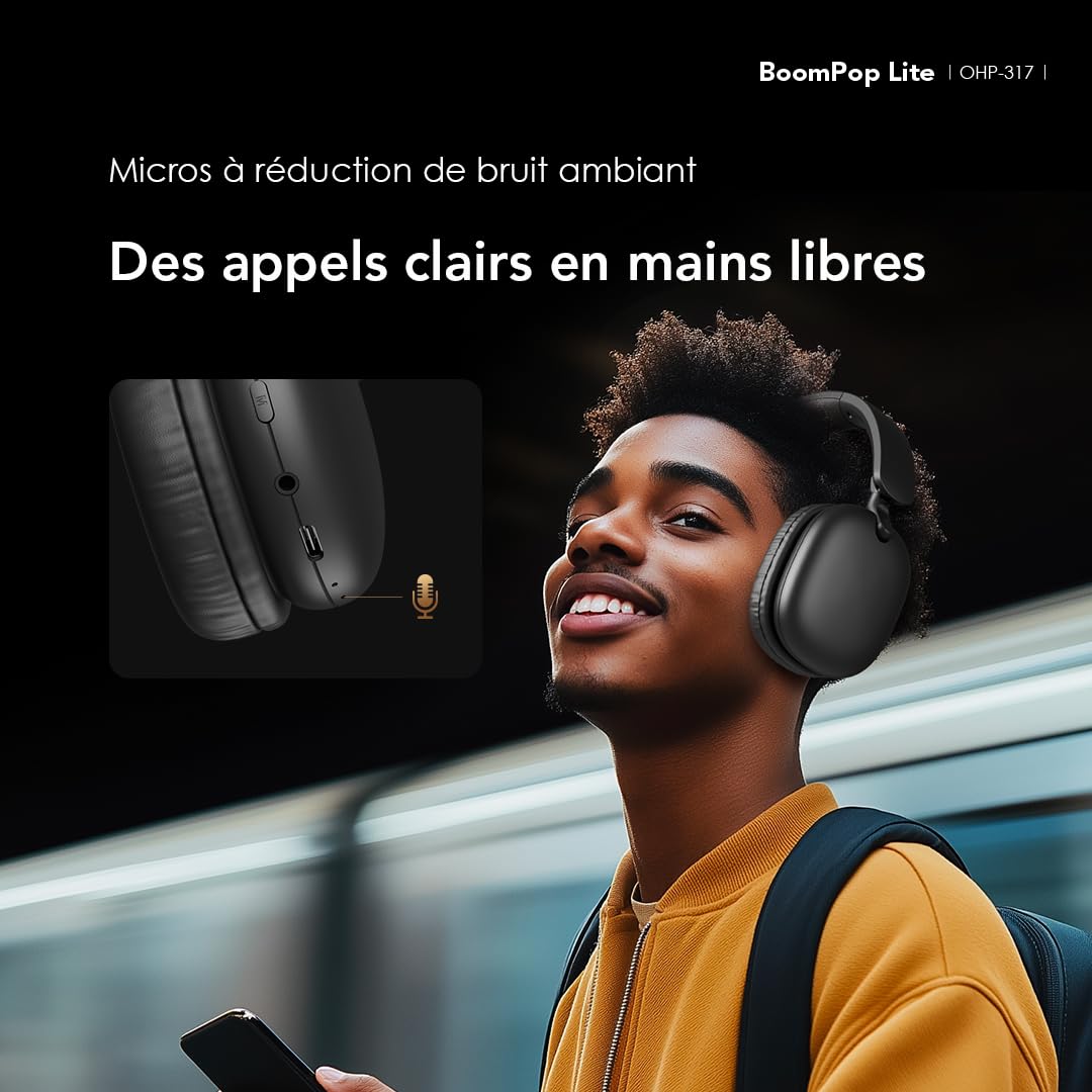 Oraimo BoomPop Lite Casque Bluetooth sans Fil, 65 h d'autonomie, Charge Rapide 10 Min = 10 h, Son Spatial Sound360, Micro ENC, Mode Jeu, Pliable, Bluetooth 5.3 + Jack 3,5 mm, USB-C