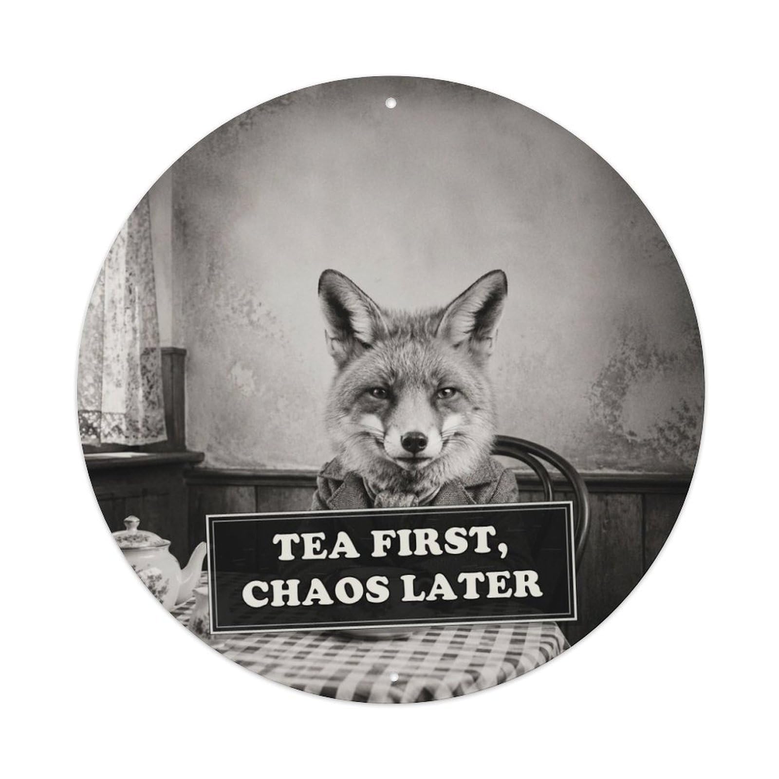 Animal Fox Tea Monochrome Anthropomorphic Absurd Comedy Vintage Metal Tin Sign Plaque Wall Decor for Cafe, Man Cave, Club Bar, Office, Home Garden Round Metal Poster 8x8Inch