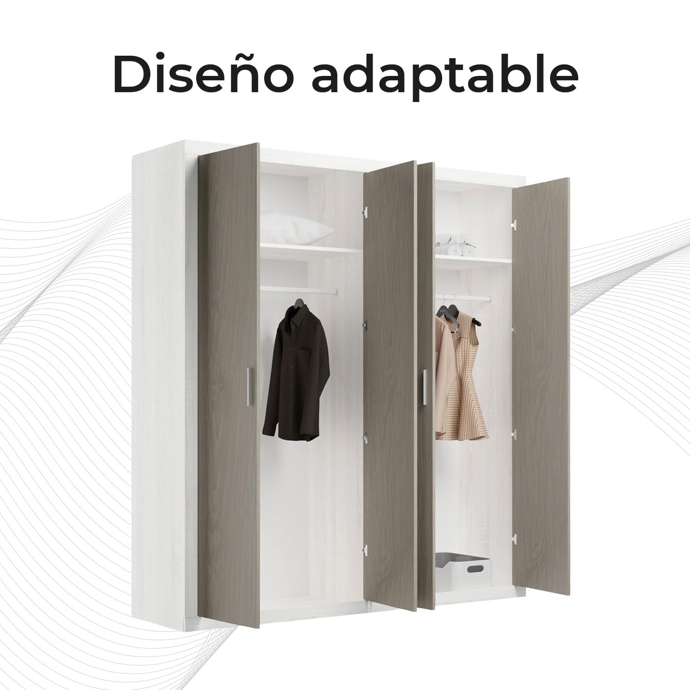 Somnia Descanso - Armario 4 Puertas Batientes con Altillo Modelo Mandi para Dormitorios de Matrimonio o Individuales, Color Pino - Gris, Medidas: 196 cm (Ancho) x 208 cm (Alto) x 50 cm (Fondo)