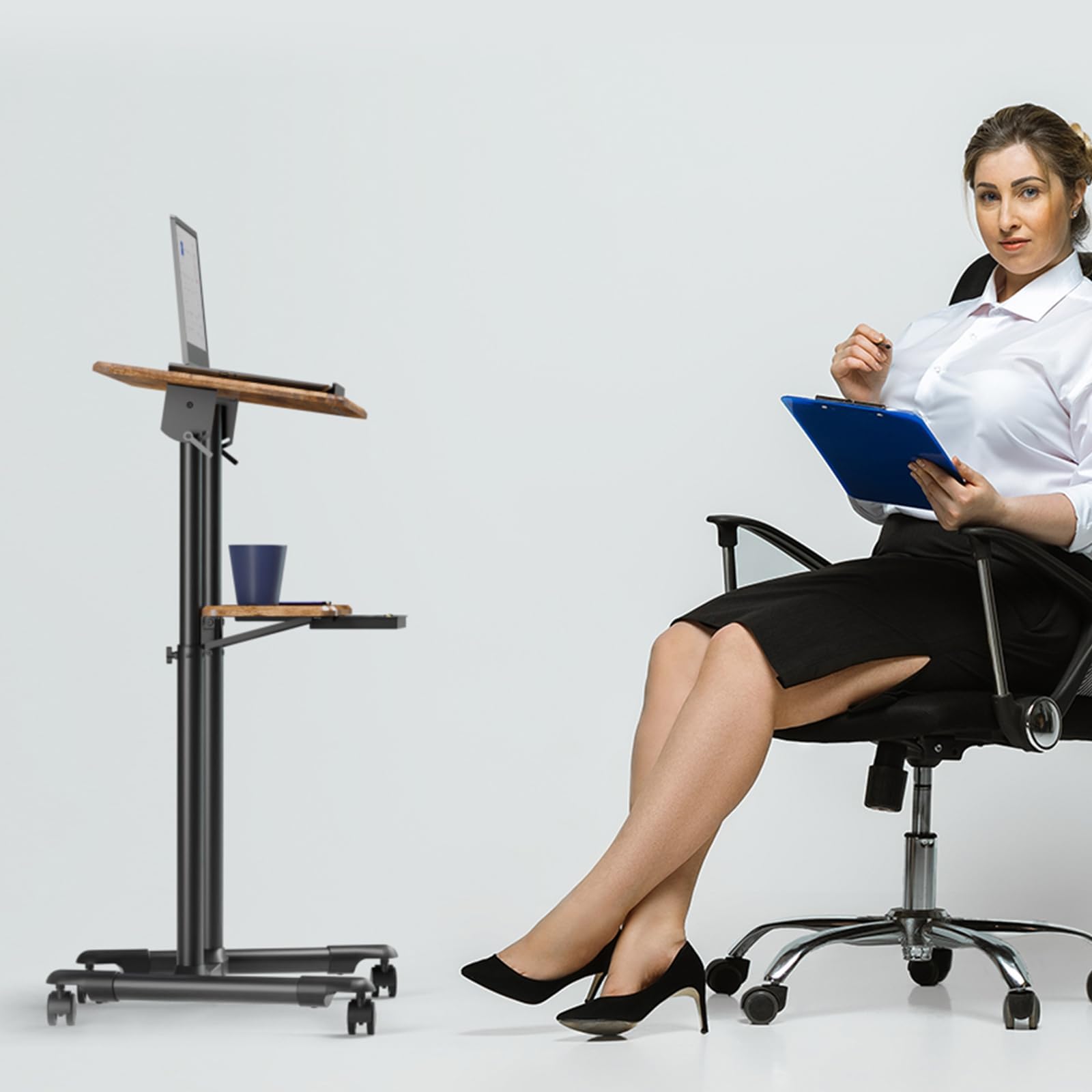 ETHU Stehpult Höhenverstellbar, Mobiler Laptop-Schreibtisch mit Kippbarem Tisch und Schubladen, Höhenverstellbarer Schreibtisch mit Rollen, Mobiles Rednerpult für Büro & Home, inkl. Tassenhalterung