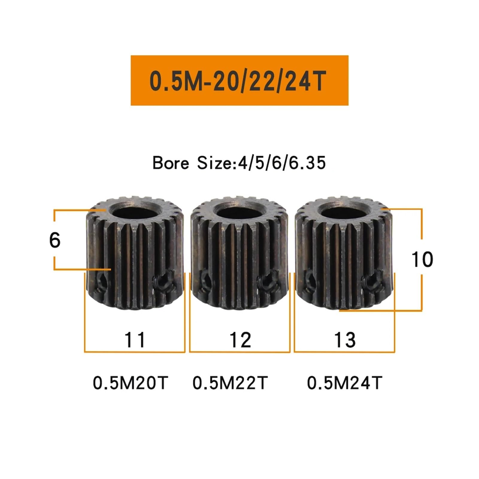 Bevel Gear Pinion Hardware Mechanical Spur Gear 0.5M-20T/22T/24T Carbon Steel Blackening Mini Gear Wheel Bore Size 4/5/6/6.35mm Transmission Accessories(6mm-0.5M20T)