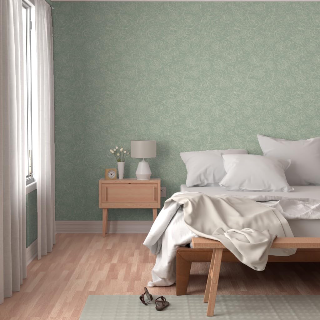 Peel & Stick Wallpaper 3ft x 2ft - Peony Garden Sage Green Flowers Floral Large Drawing Custom Removable Wallpaper by Spoonflower