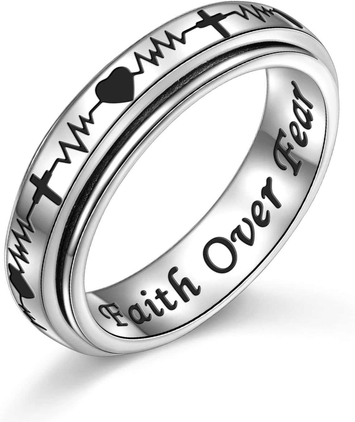 Heartbeat ECG Anxiety Relieve Spinner Fidget Ring 925 Sterling Silver Cross Inspirational Religious Jewelry ADHD Stress Relieving Ring for Women Men