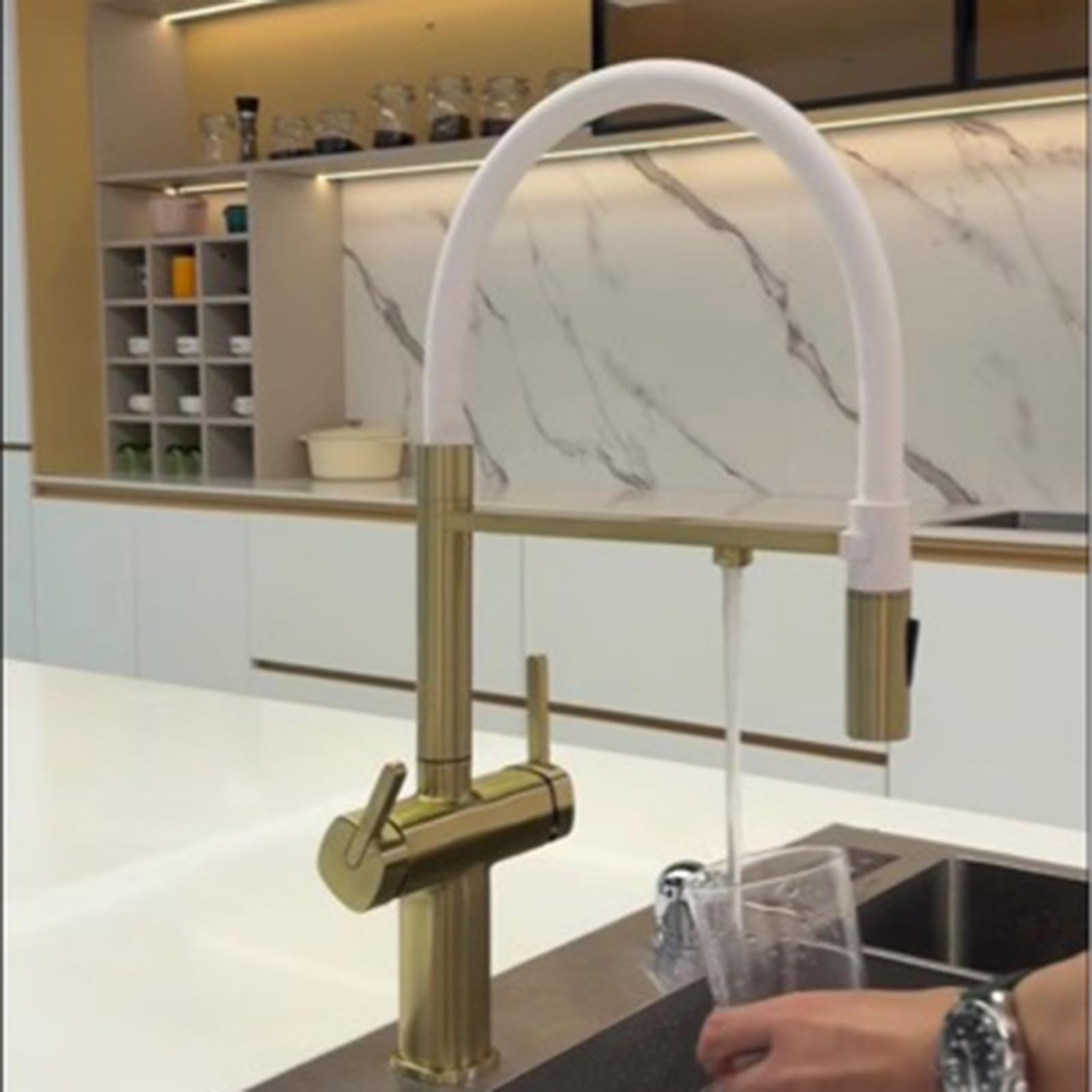 Grifo Cocina 3 Vias Osmosis Extraible Oro Cepillado Grifo Cocina Flexible Latón-Oro Cepillado