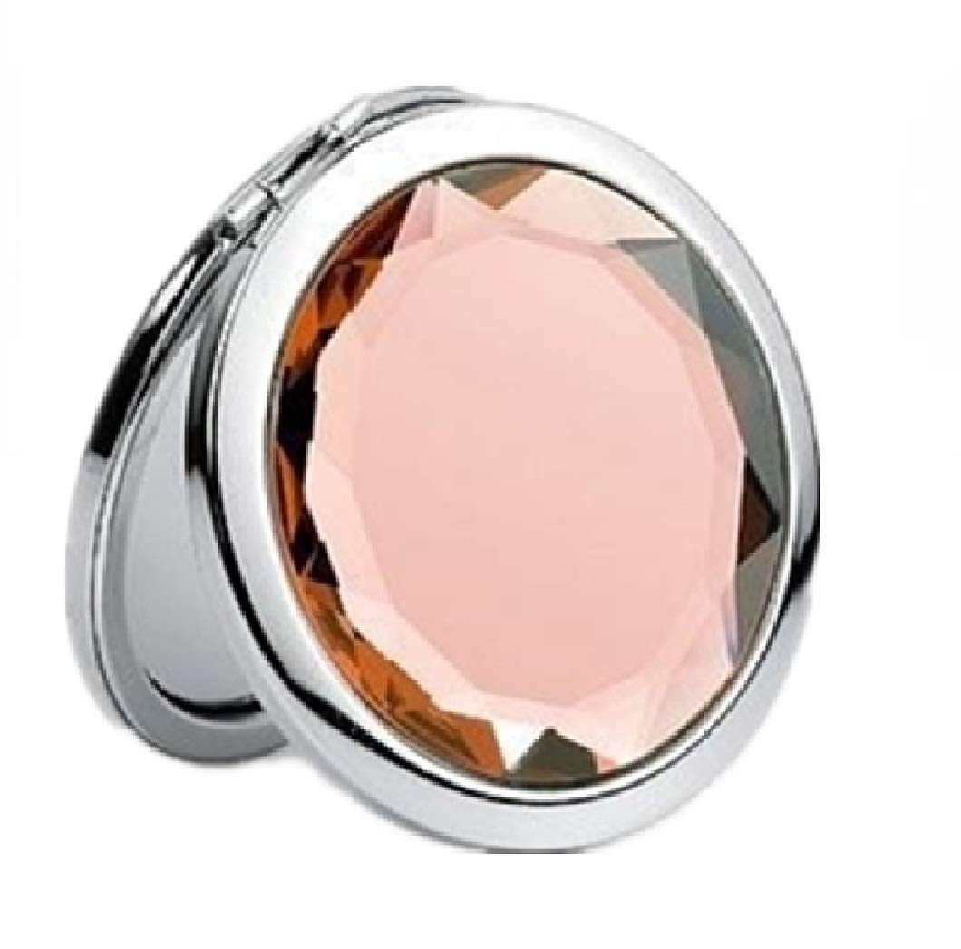 Mia2x/1x Jeweled Compact Vanity Mirror | Silver Metal + Large Peach Mirrored Glass Rhinestone | for Women, Students, Gifts, Travel 1pc
