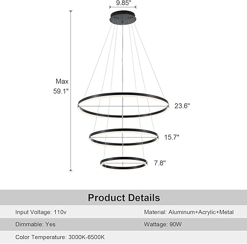 Miniatura 4 de Lámpara LED moderna de 3 anillos D23.6 pulgadas, contemporánea, regulable, montaje empotrado, techo alto, con control remoto para cocina, comedor,