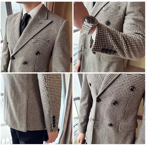 Men's Houndstooth Wedding Suit Blazer Peak Lapel Double Breasted Buttons Tuxedos Jacket Banquet3