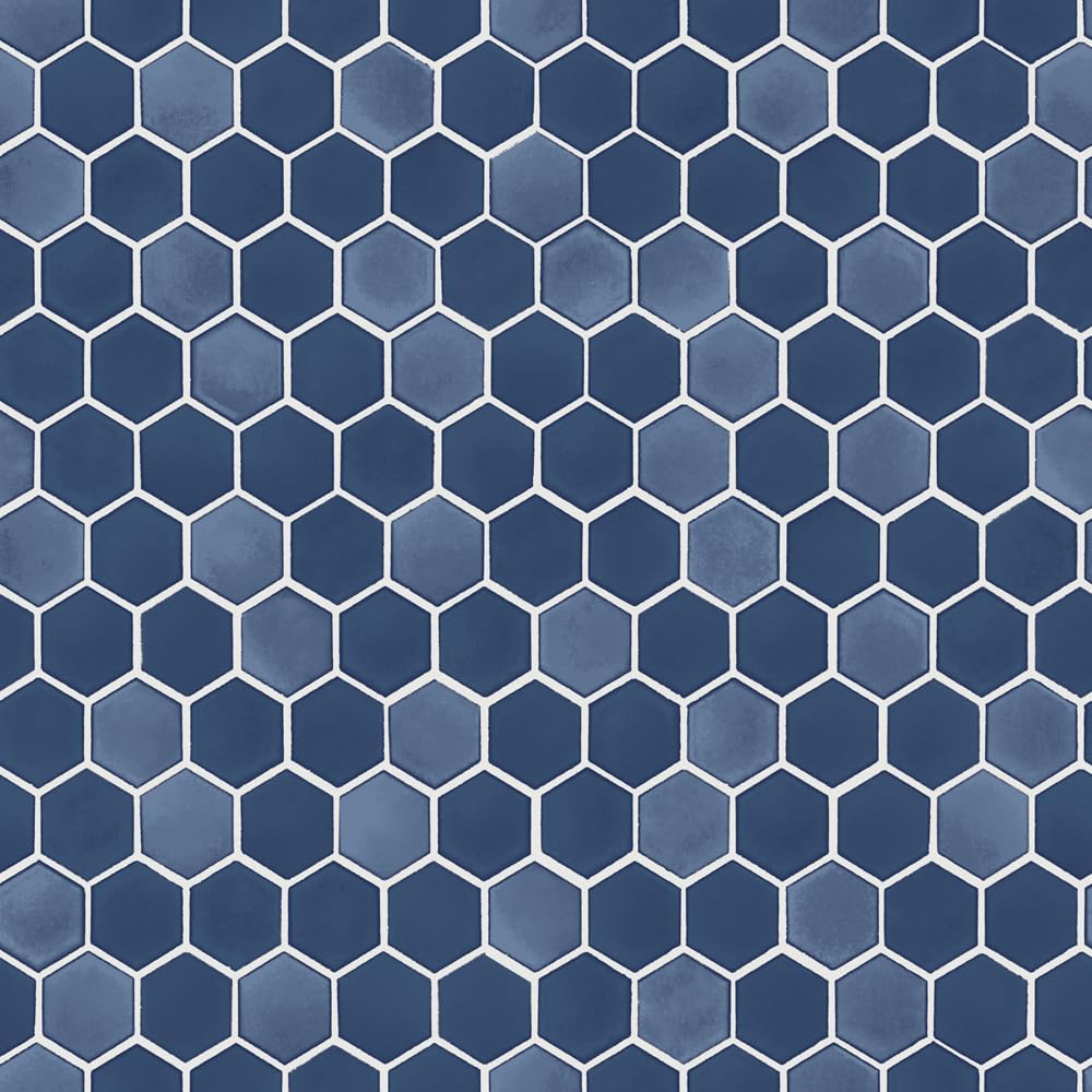 Tempaper Metallic Blue Hexagon Tile Removable Peel and Stick Wallpaper, 20.5 in X 16.5 ft, Made in The USA