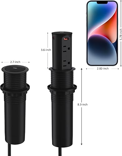 Miniatura 5 de Toma de corriente desplegable para encimera, ojal de alimentación de escritorio de 2.5 pulgadas, tira de alimentación empotrada, carga rápida USB C