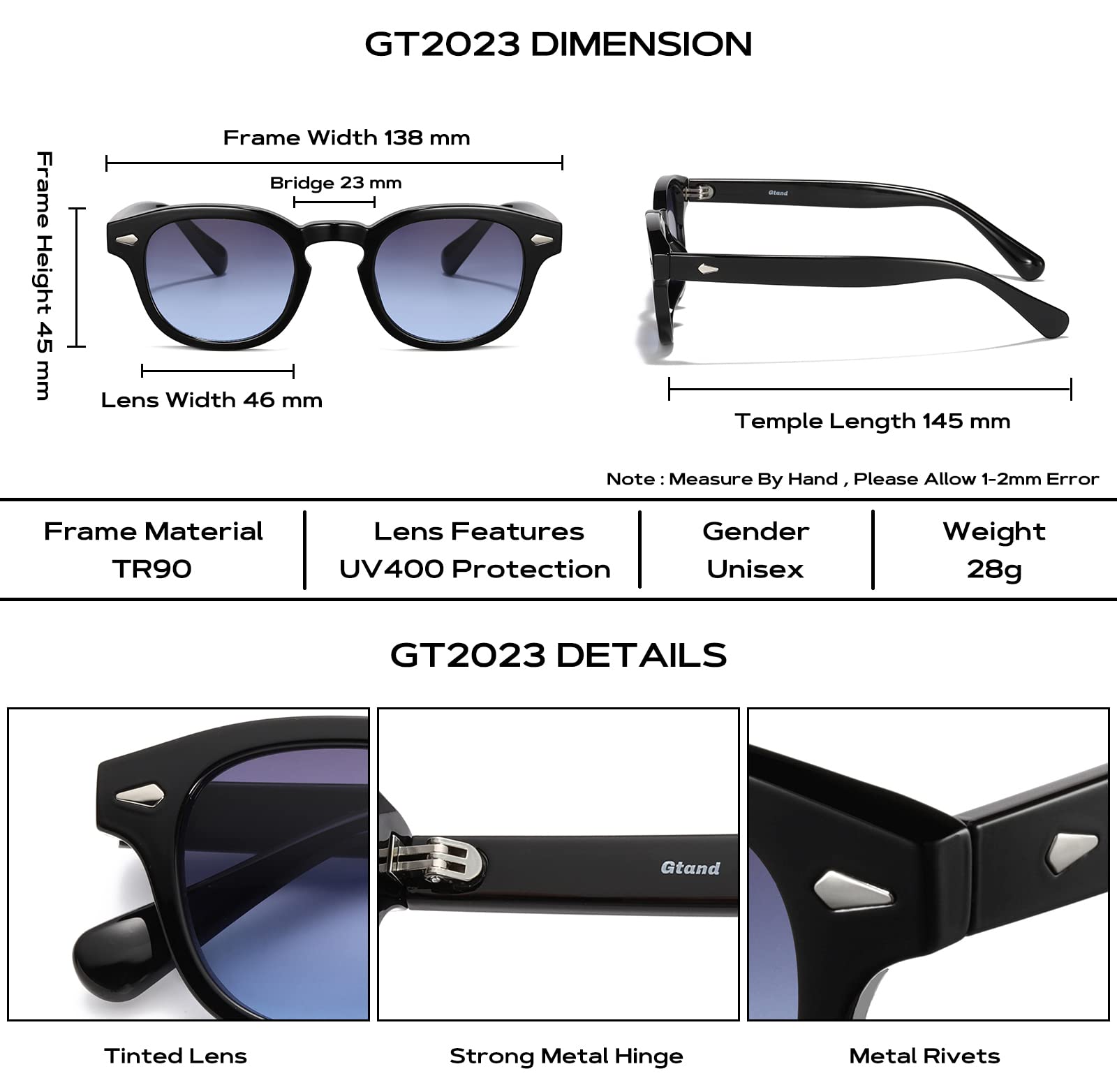 Gtand Unisex Vintage Retro Runde Stil Getönte Sonnenbrille Für Männer Frauen Mode Kreis Sonnenbrille 46mm, C05 Schwarzer Rahmen/Gradient Grau-blaue Linse, 46mm