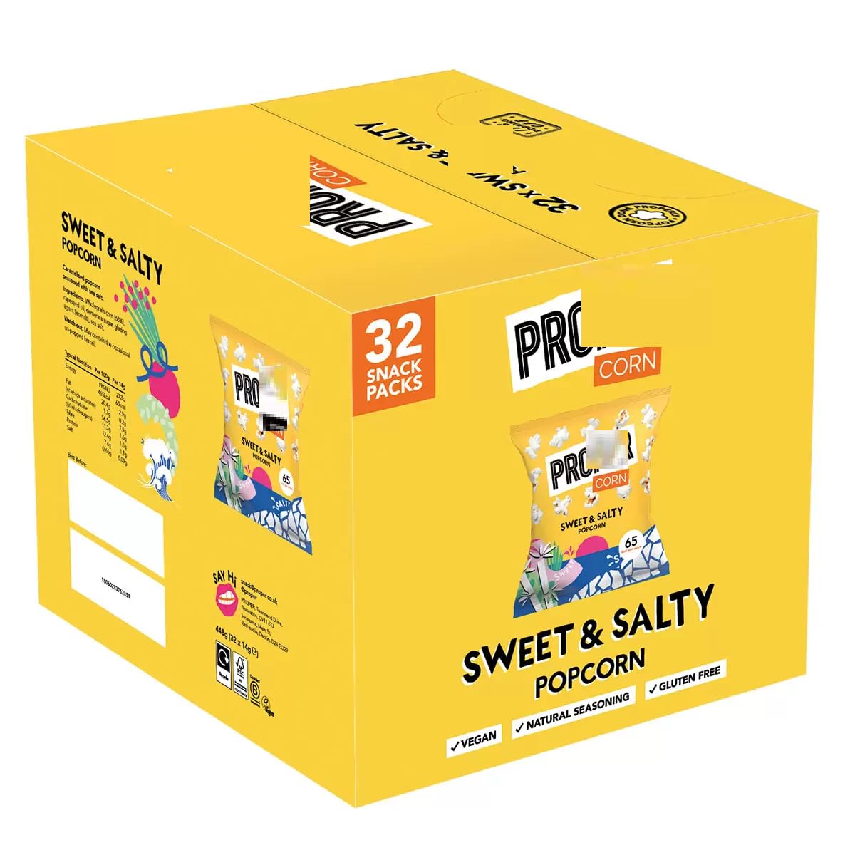 PROPER. Popcorn sucré et salé, assaisonnement au sel de mer naturel et sucre Demerara, végétarien, sans gluten, maïs fait main, 65 kcal, 14 g, boîte de 32 vendus par NAEM