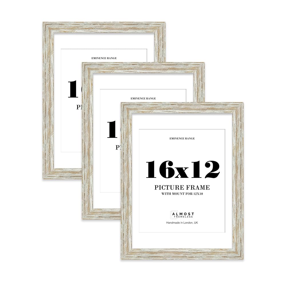 16x12" Distressed White Oak Picture Frame with 12x10" Mount - Industrial Photo Frame with Distressed Finish, Wall Hooks, 32mm Edge - 3 Pack