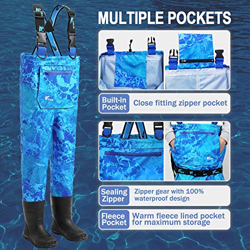 8 Fans Youth Waders, Breathable Kids Waders With Boots Lightweight Waterproof Fishing Waders For Kids Boys Girls Toddler Size 10/11 (Wav3 Blue Camo) #TOP3