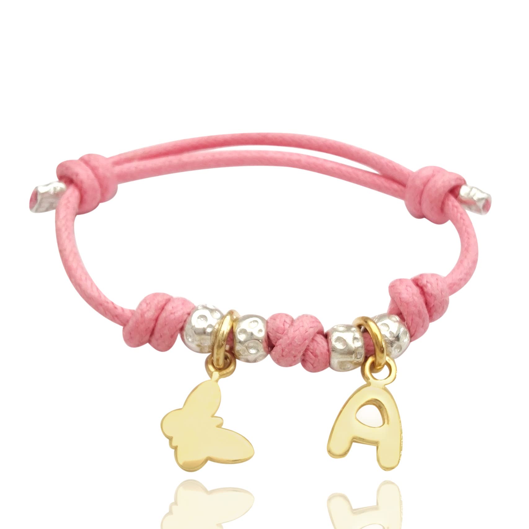 bracciale cordino rosa con ciondoli farfalla e lettera iniziale nome, in argento 925. Regalo bambina per nascita, battesimo, primi compleanni, comunione