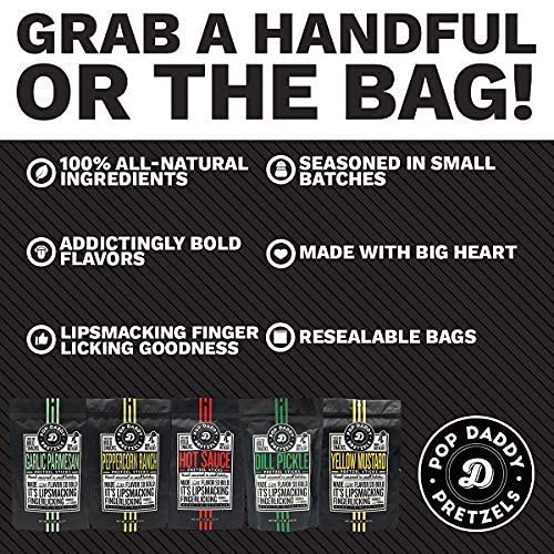 Pop Daddy Flavored Pretzels Sticks | Healthy Gourmet Pretzels Snacks | 7.5Oz Variety Pack Pretzels | 6 Pack | Garlic Parm (2), Peppercorn Ranch (1), Hot Sauce (1), Yellow Mustard (1). Dill Pickle (1) #TOP4