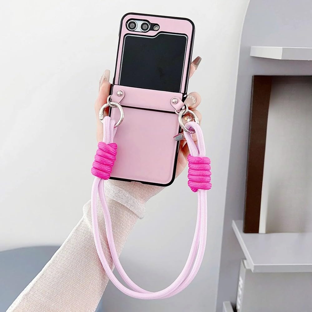Etui na telefon z paskiem na nadgarstek ze skóry PU do Samsung Galaxy Z Flip 5 4 3 Flip5 Flip4 Flip3 5G Twarda obudowa, różowy krótki smycz, do Samsung Galaxy Z Flip3