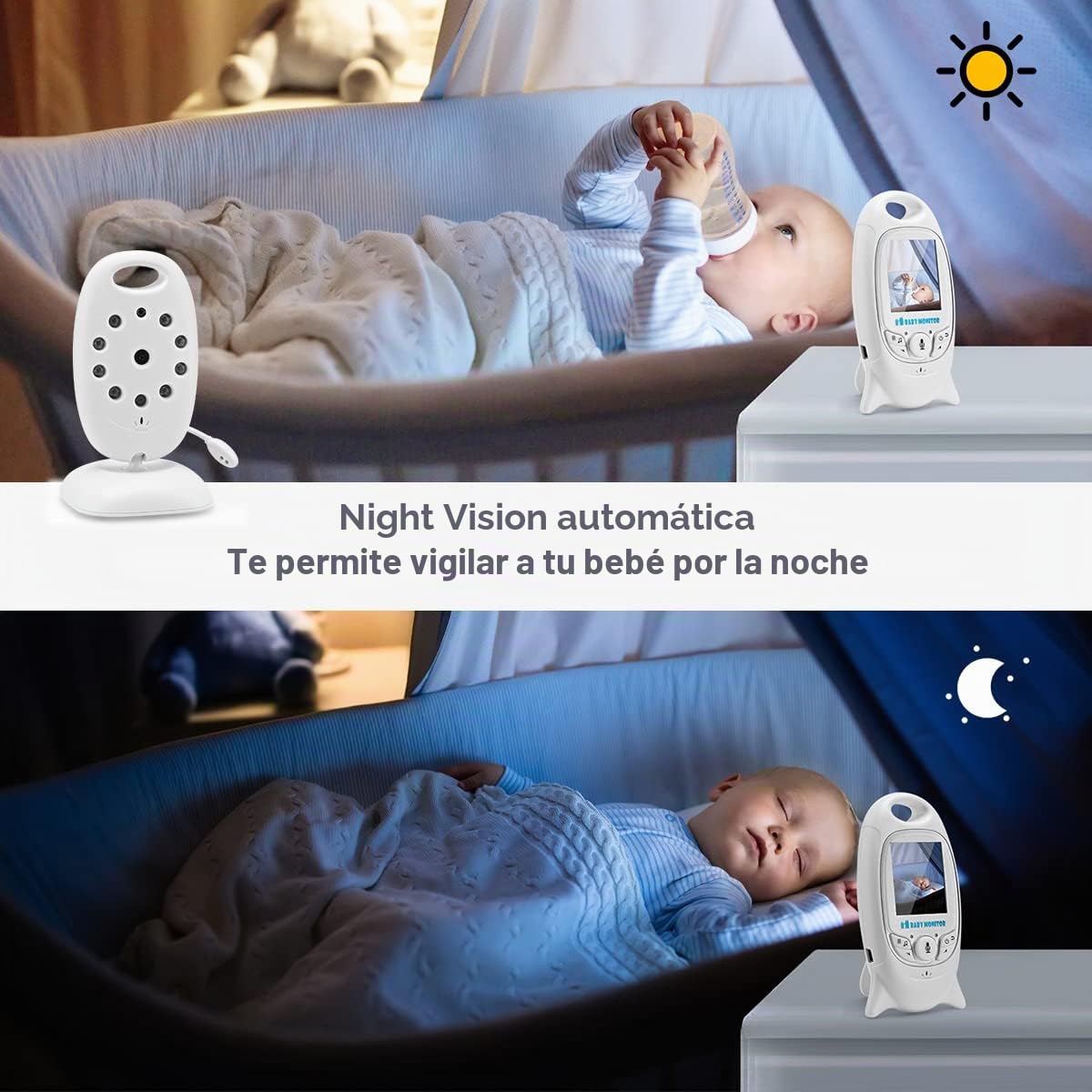 TKMARS Vigilabebés con Cámara 2,4GHz Camara Vigilancia Bebe con 2.4" Pantalla LCD Bebe Inteligente Vídeo Monitor con VOX, Comunicación Bidirecciona, Visión Nocturna, Zoom 2X, Sensor de Temperatura
