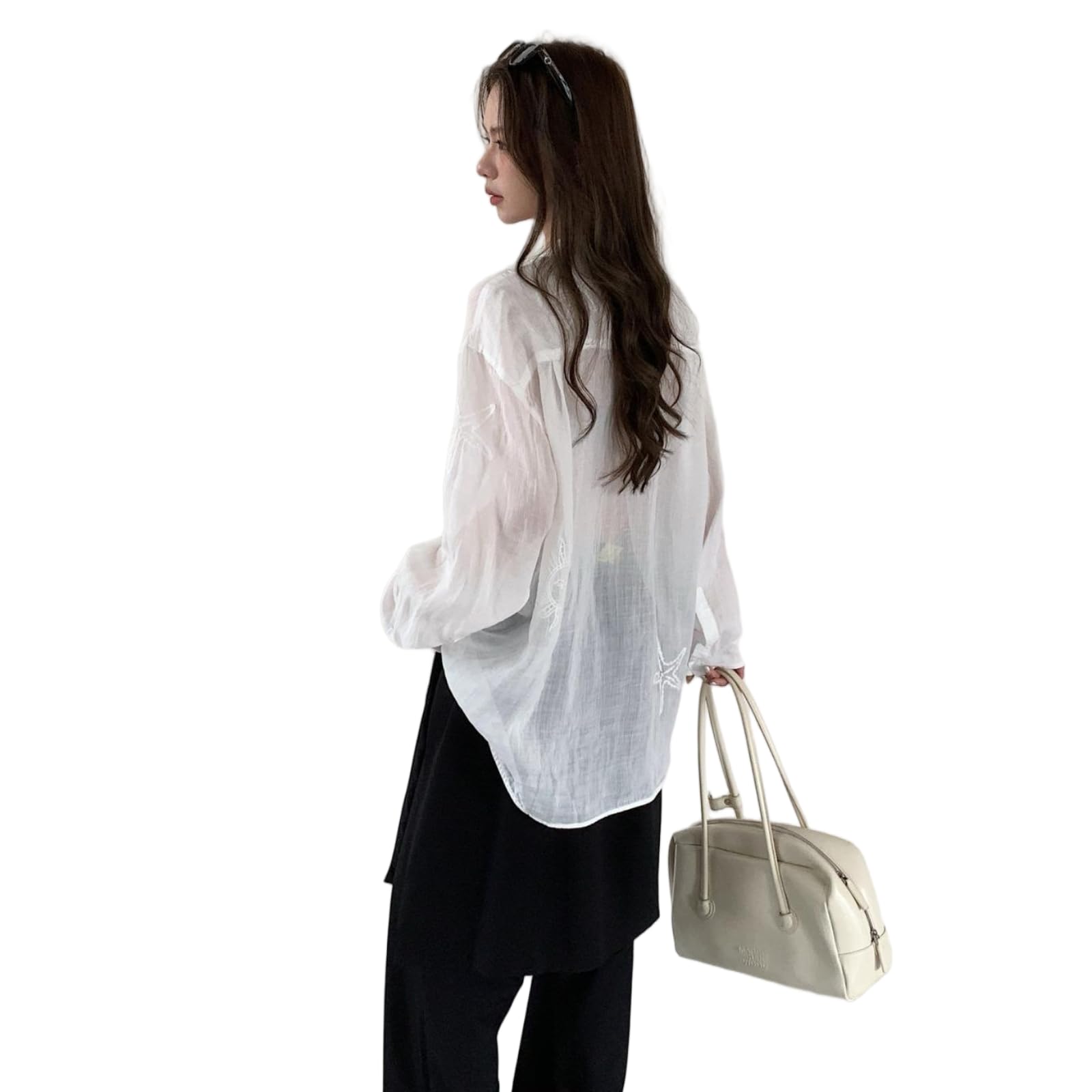 CYBHSM Damska koszula Ramie, biała, luźna bluzka z długim rękawem z kwiatowym haftem, zapinana na guziki, na lato, wakacje na plaży