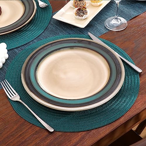 Image of SHACOS Round Placemats Set of 6 Washable 15 inch Round Table Mats Cotton Polyester Woven Braided Place Mats for Dining Table, Teal Green