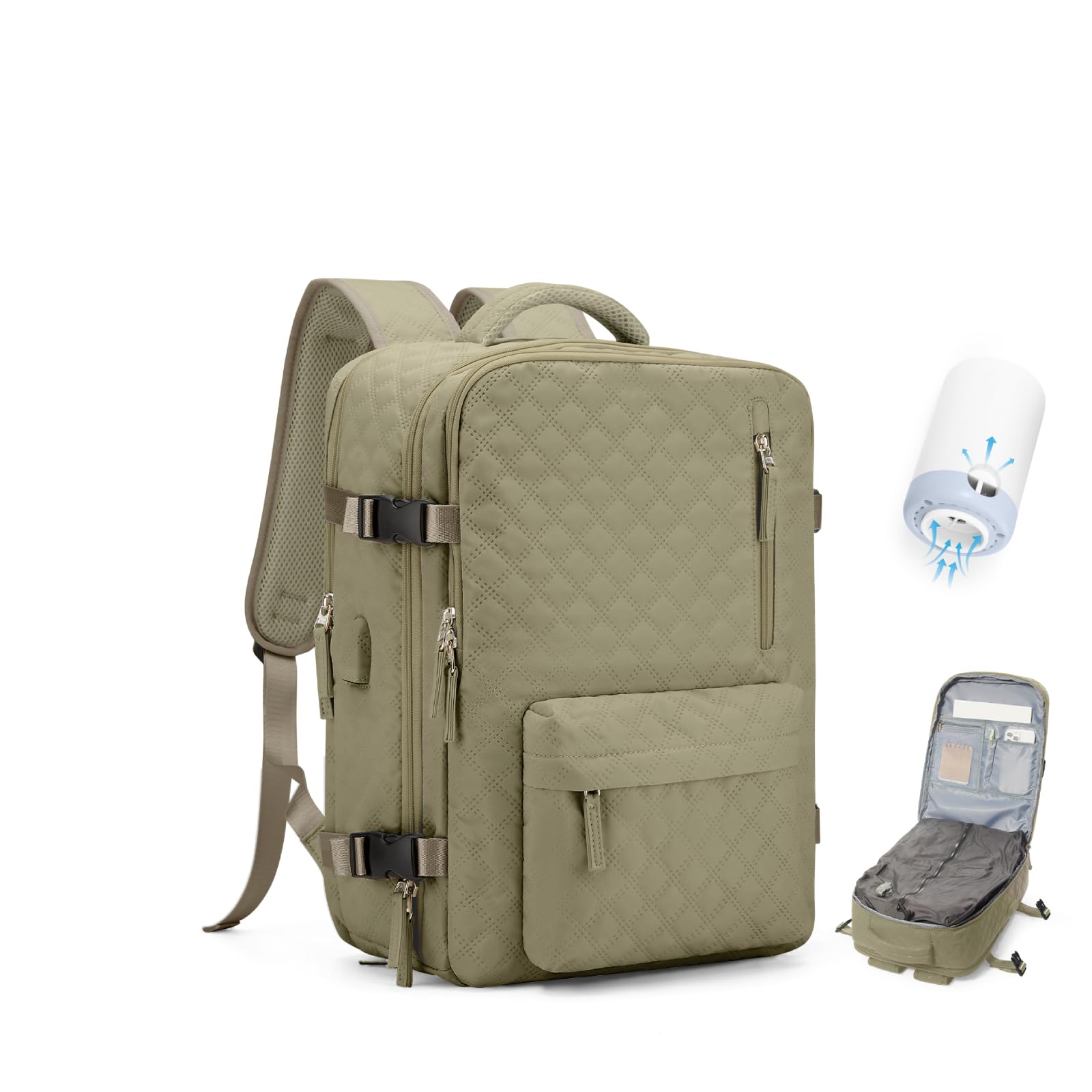 VGCUB Vacuum Backpack Travel with Pump, Vacuum Seal Compression Bags for Clothing Travel Essentials Carry on Luggage Laptop Backpack, Waterproof Personal Item Bag for Women Daypack Khaki