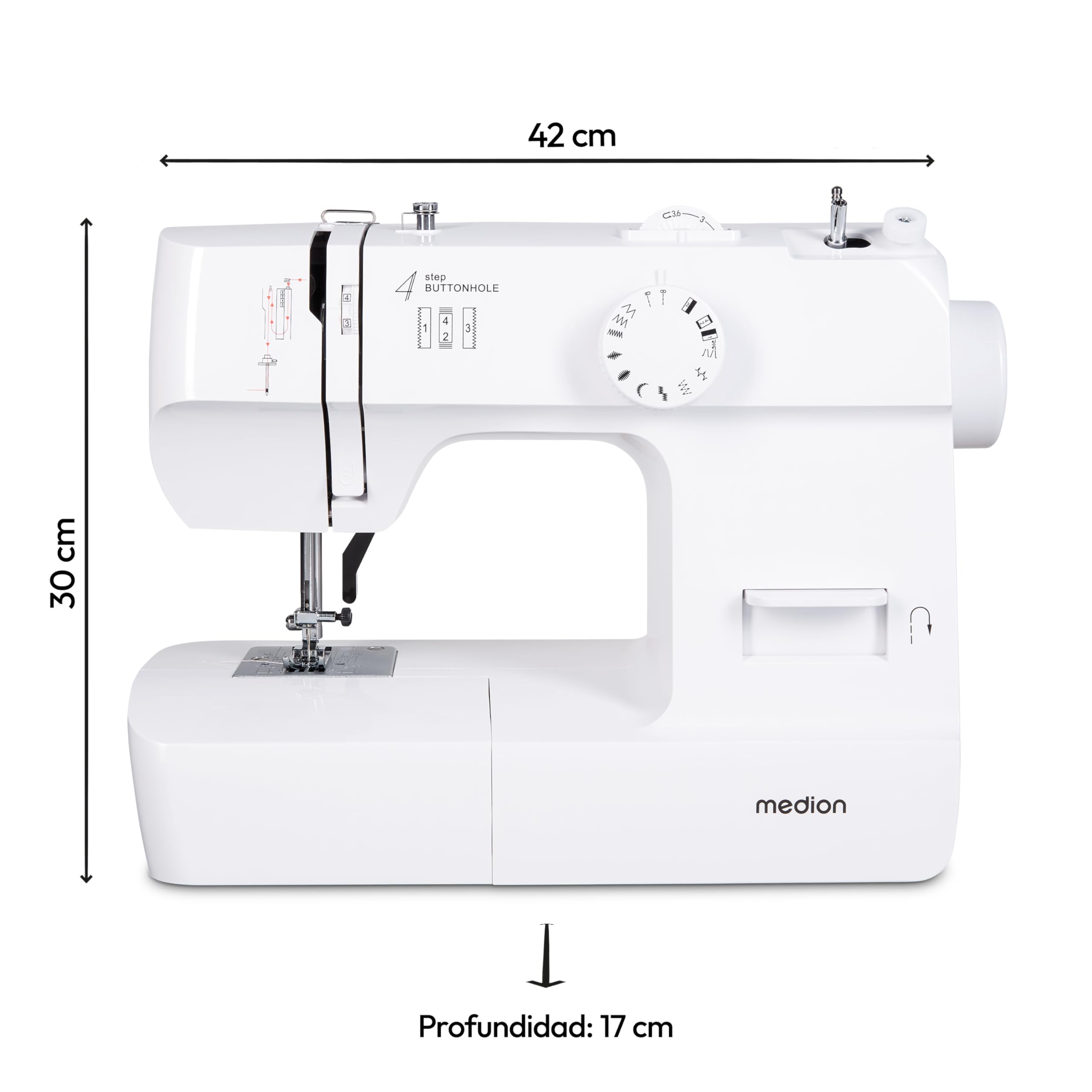 Máquina de coser MEDION SM70 (70 vatios, 12 patrones de puntada diferentes, luz de costura LED, longitud de puntada ajustable, botón de marcha atrás, cortador de hilo, MD11179) blanca | Luz LED de costura, longitud de puntada ajustable, botón de retroceso