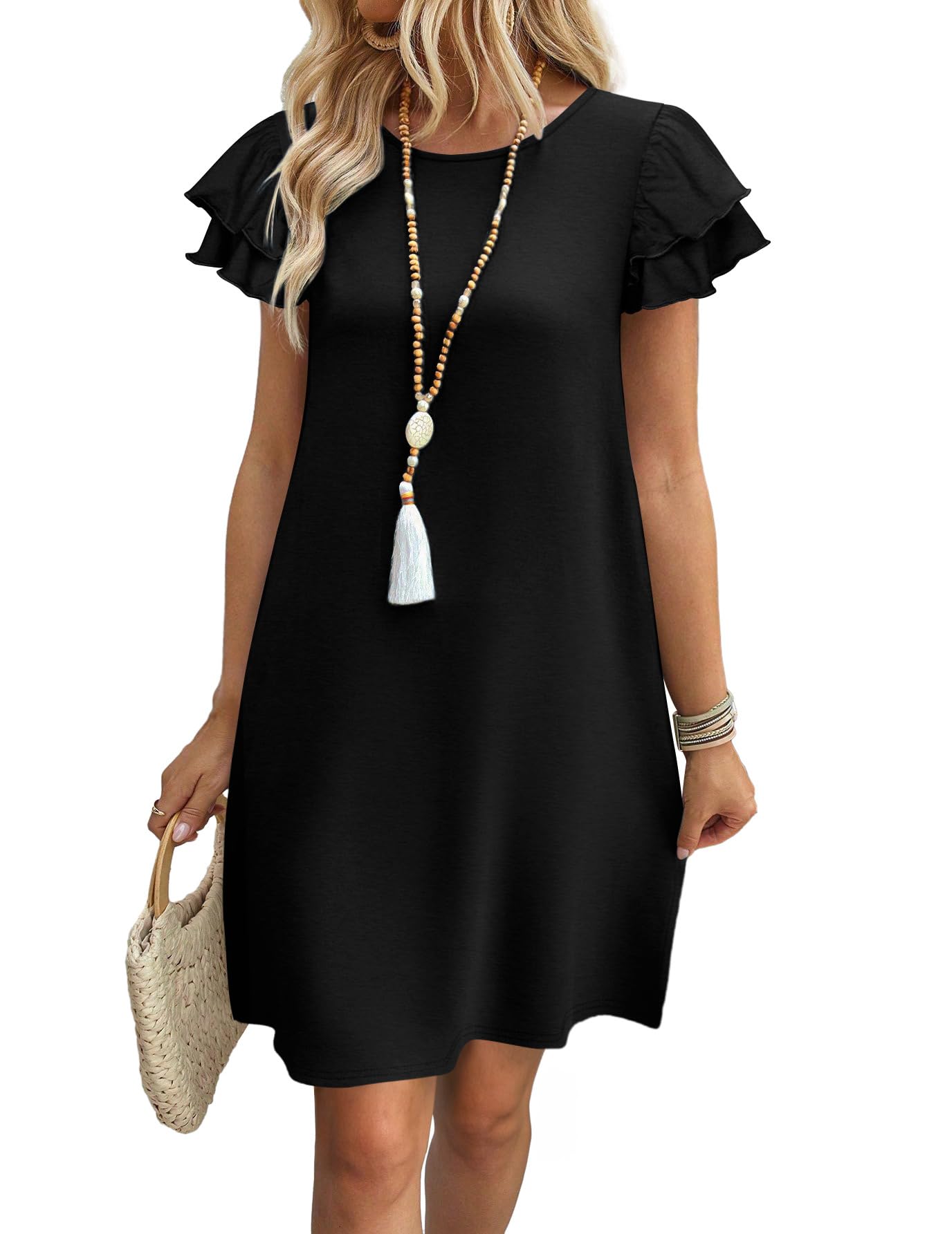 OFEEFAN Womens Summer Dresses 2026 Ruffle Sleeve Round Neck Loose Swing Sundresses with Pockets Plain/Print