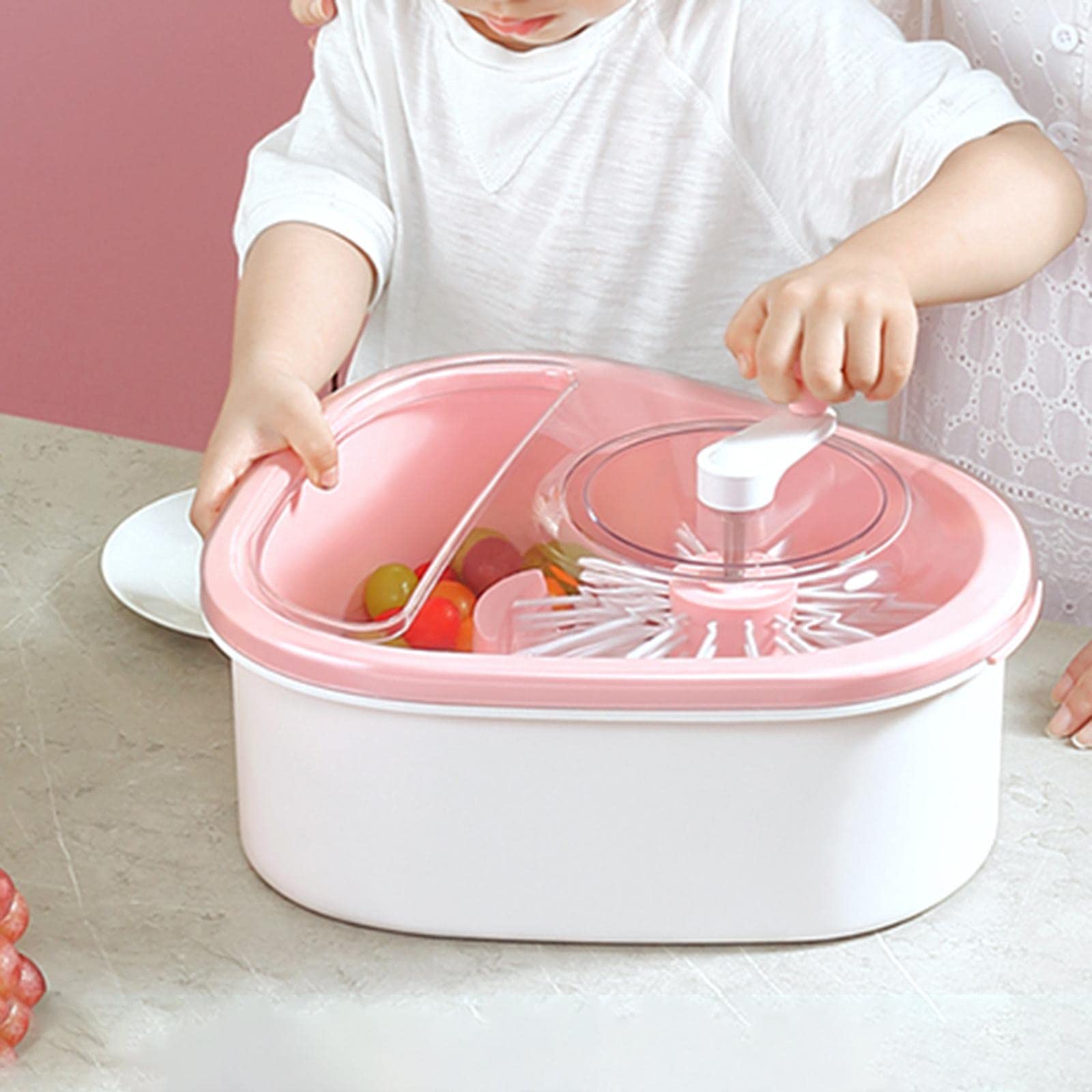 Obstwaschmaschine, Rotierende Gemüsewaschmaschine mit Abtropfkorb Und Transparentem Deckel, PP Material, Geeignet für Die Zubereitung von Speisen in D, Rosa