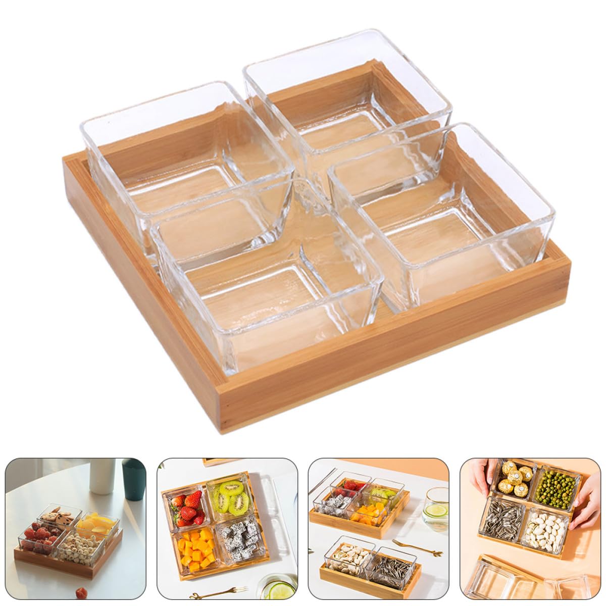 NUOBESTY Plateau à Fruits en Verre Compartimenté 4 Cases, Plateau de Service pour Fruits Secs et Noix, sans Couvercle, Multifonction pour Collations et Apéritifs, Support Couleur Aléatoire