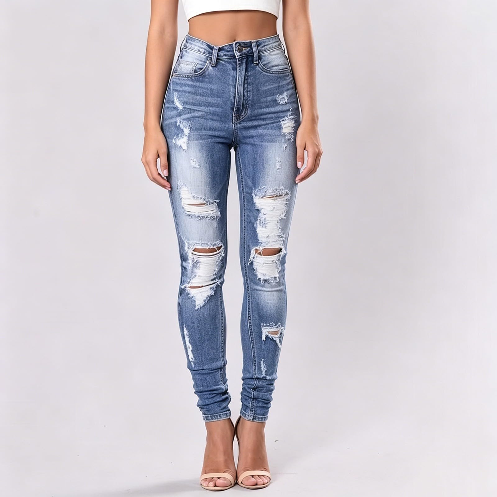 Jeans estivi da donna a vita alta, in mussola, vestibilità slim fit | Comodi pantaloni da donna strappati, vintage, in tessuto elasticizzato, pantaloni da trekking, gamba dritta
