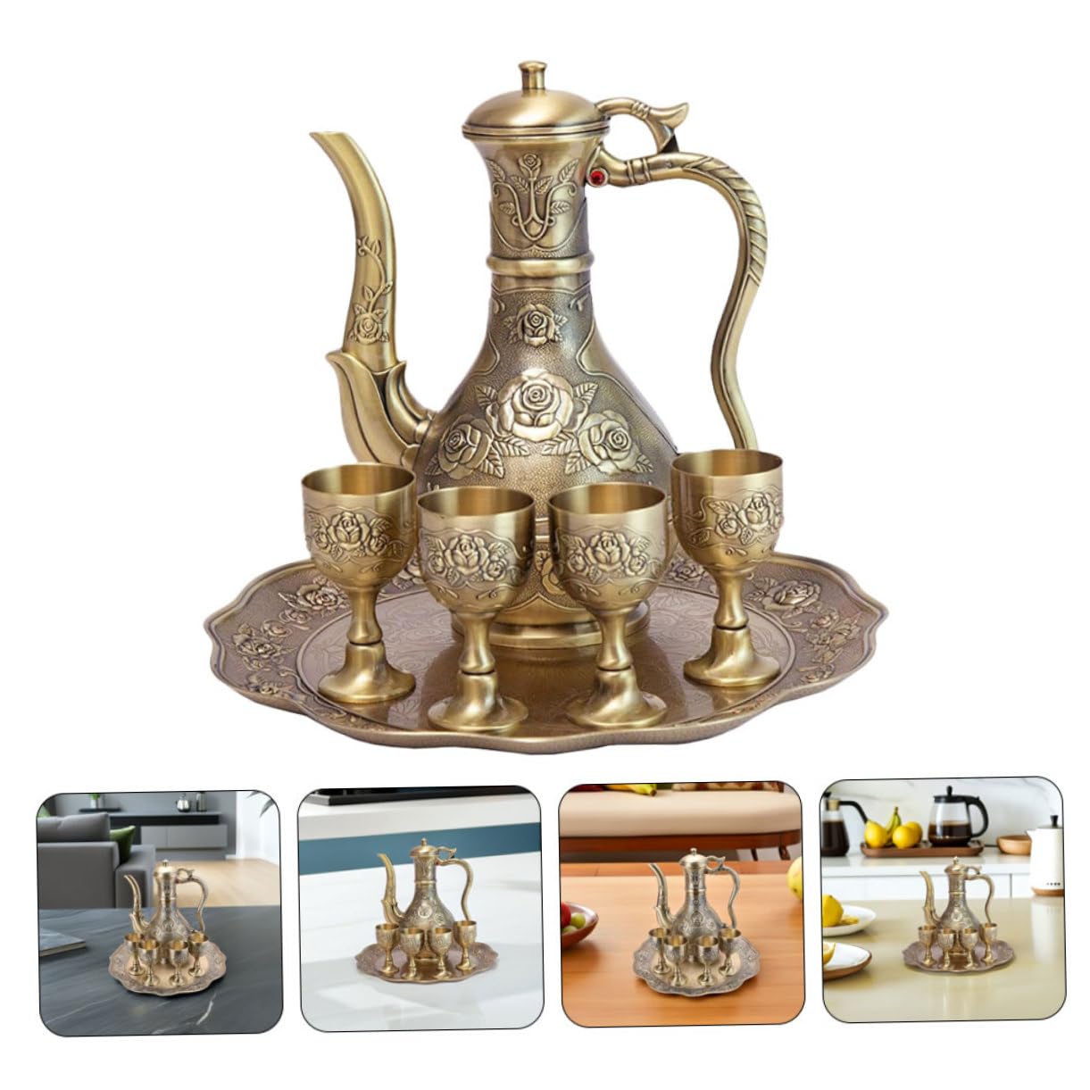 Garneck Elegantes Vintage Trinkbecher Satz aus Zinklegierung mit Geprägter Teekanne Tablett und Acht Widerstandsfähigen Bechern für Festliche Teepartys und Einfache Pflege