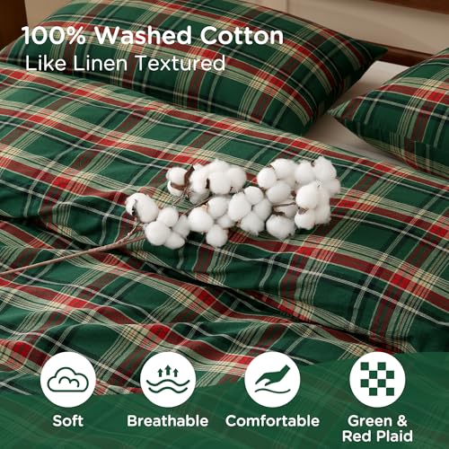Image of TOCOMOA Christmas Plaid Duvet Cover Set 100% Washed Cotton Like Linen Feel Super Soft Comfy 3 Piece Green Red Gingham Checkered Bedding Comforter Cover Set (Full 80 inchx90 inch, Comforter Not Included)