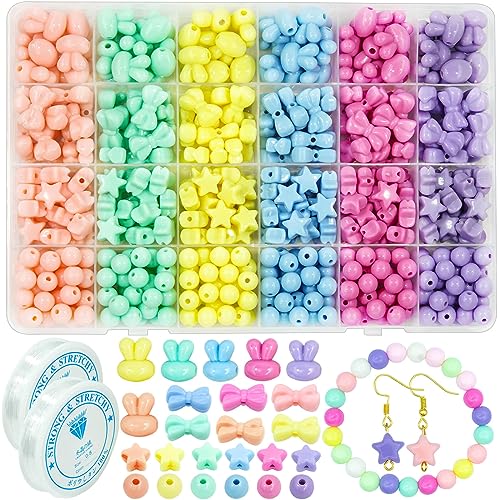 480 Pcs Bunny Bead Acrylic Star Candy Bead Cute Bow-Knot Bead, Assorted Round Circle Bead Aesthetic Pastel Rabbit Kandi Bead For Girl Women Diy Craft Bracelet Earring Necklace Jewelry Making (E) #TOP21