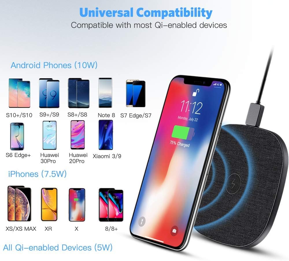 Wireless Charger Pad, AGPTEK Qi-Certified 10W Max Fast Charge, 7.5W Charging Compatible iPhone Xs Max/Xs/XR/X/8/8 Plus, 10W Compatible Samsung Galaxy S10/S9/Note 9/S8