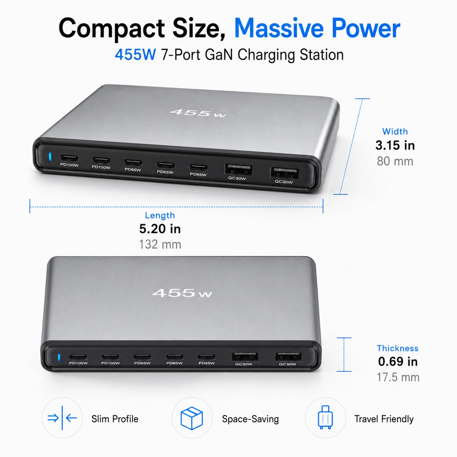 Ładowarka USB C 455 W, wielokrotna, 7 portów, stacja ładująca, PD, 100 W, USBC, zasilacz QC, 30 W, USBA, szybkie ładowanie, ładowarka GaN PD PPS, ładowarka do laptopów, padów, telefonów komórkowych