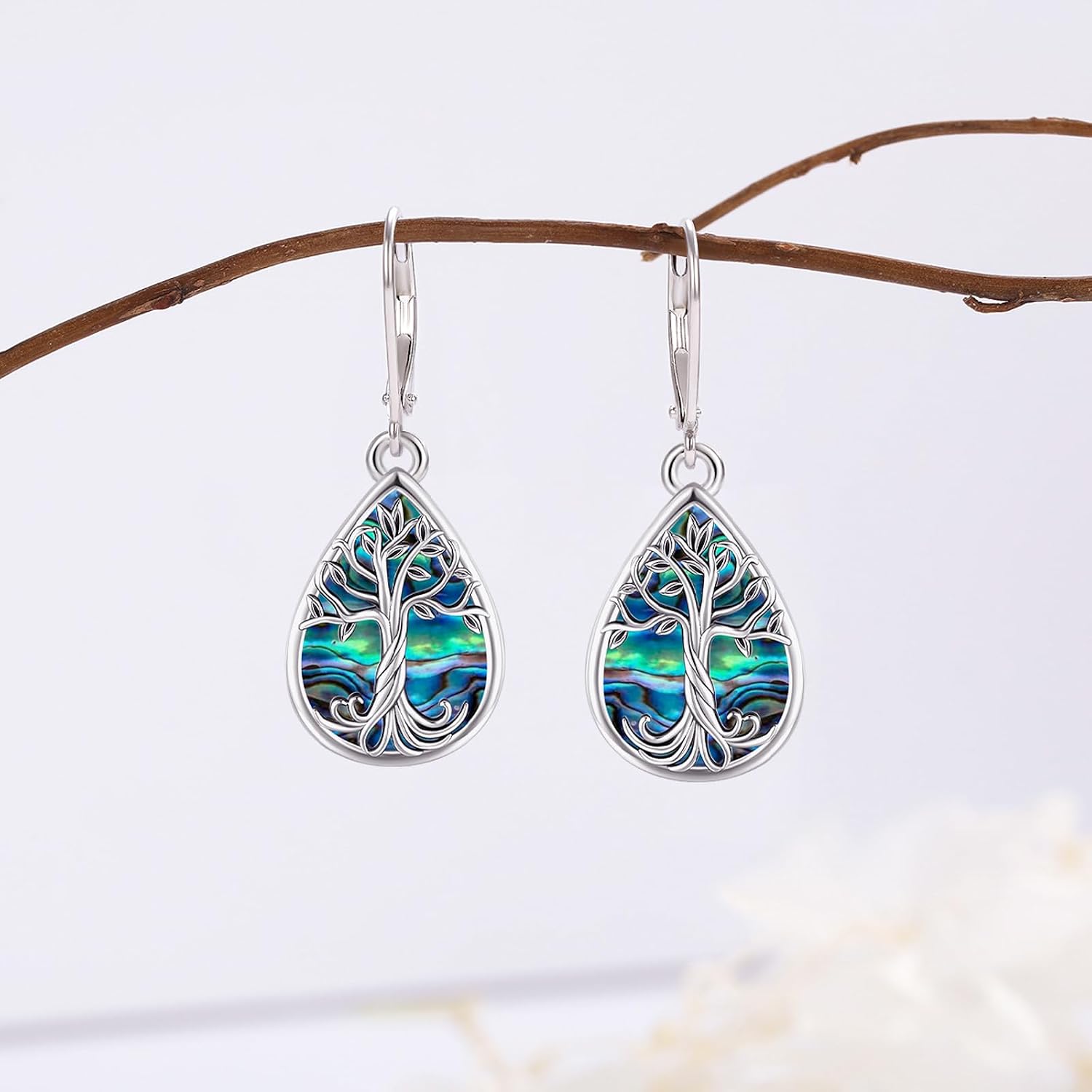 Eusense Tree of Life Earrings 925 Sterling Silver Abalone Shell Filigree Dangle Drop Earrings Moonstone Red Ziron Earrings Hummingbird Cat Earrings Jewelry for Women Gift