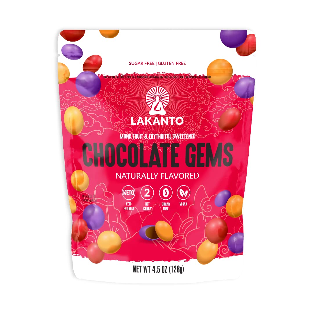 Lakanto Chocolate Gems - Sugar Free Sweetened with Monk Fruit - Naturally Flavored No Dye or Artificial Color Candy - Non-GMO, Vegan, Keto Friendly (4.5 oz)