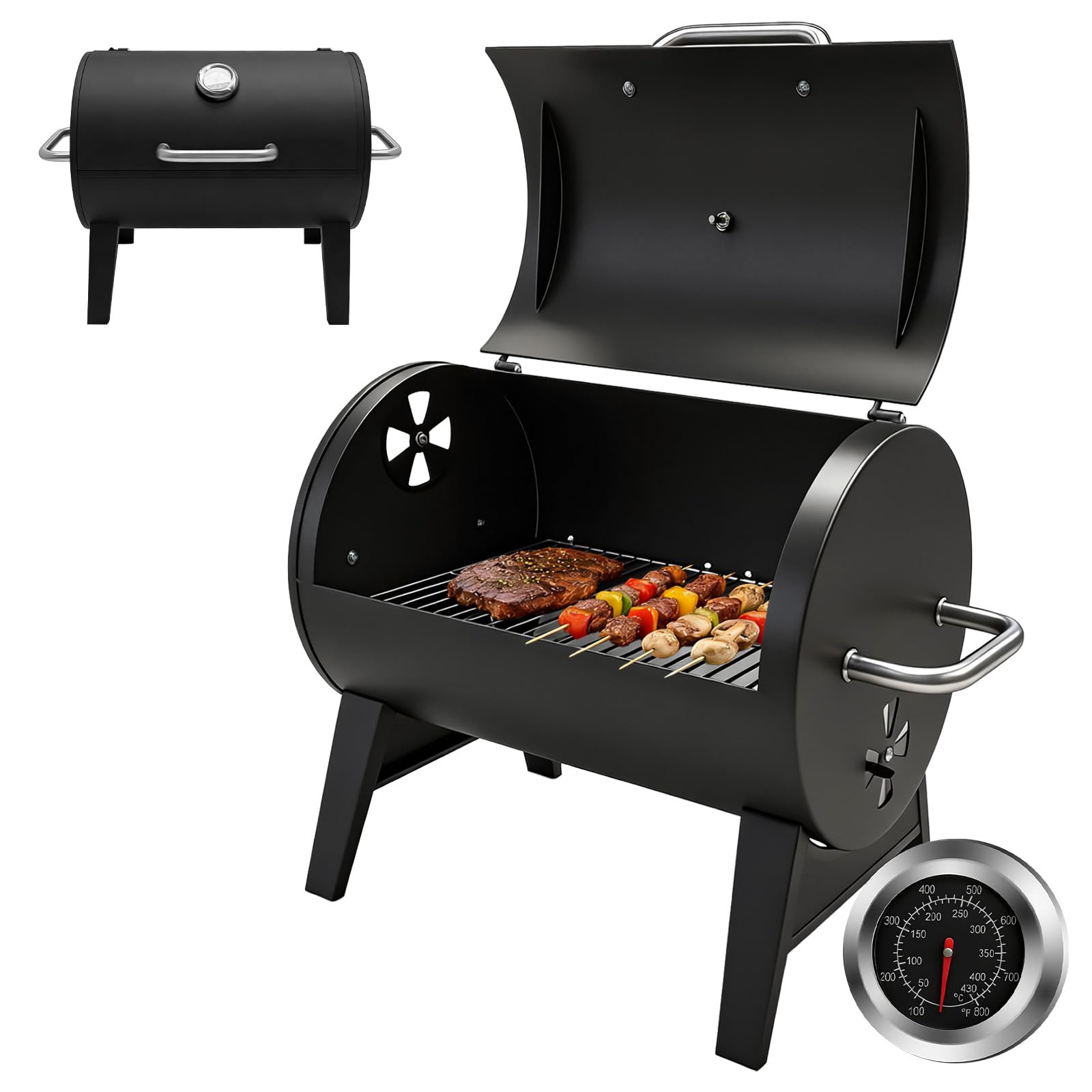 Barbecue de table avec couvercle, surface 32x43 cm | Thermomètre intégré, Pour le fumetage, Grillage en 2 parties