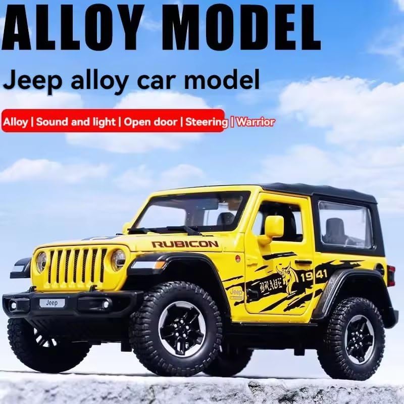 Image of 1:32 Alloy Model Car Compatible for Wrangler Rubicon Style, Diecast Pull Back Toy Car with Light & Sound for Kids Boys Girls Gift (Yellow)