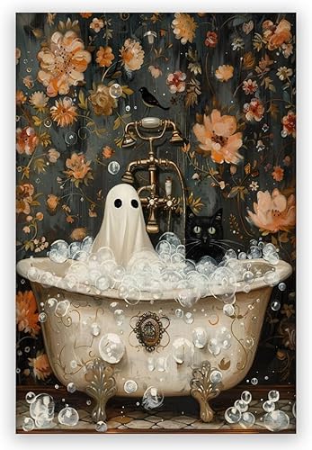 Lienzo de Halloween para pared, diseño de fantasma y gato negro en la bañera, decoración de baño, póster impreso de academia oscura, arte de flores,
